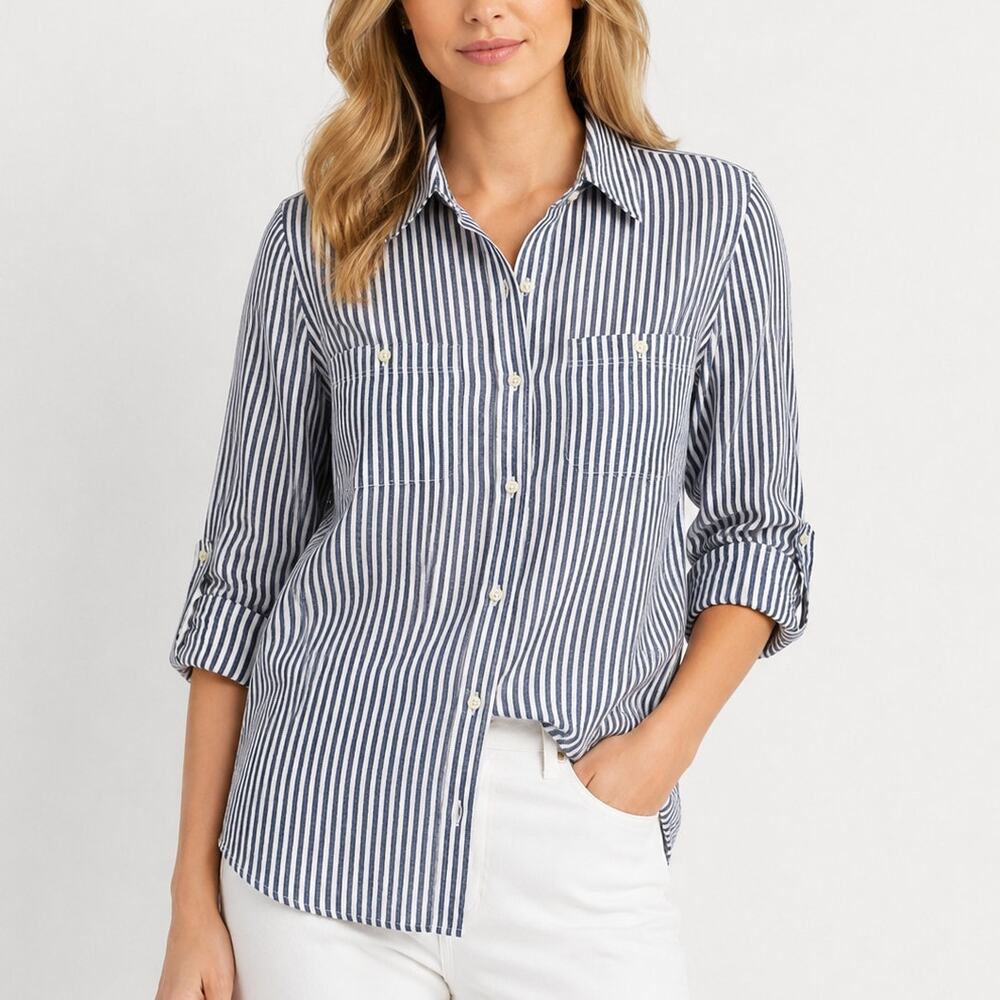 Lauren Ralph Lauren Striped Linen Button Front Shirt Navy White Size 1X